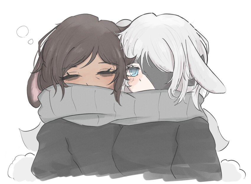 2girls animal_ears black_robe blue_eyes brown_hair closed_eyes dark-skinned_female dark_skin faust_(project_moon) grey_scarf heishou_pack-mao_branch_(identity)_(project_moon) highres limbus_company multiple_girls outis_(project_moon) project_moon rabbit_ears rabbit_tail robe scarf shared_clothes shared_scarf short_hair sidelocks simple_background tail torimodoki_0 white_background white_hair