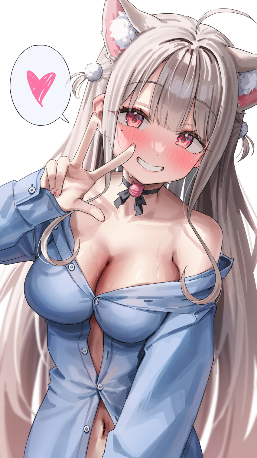 1girl absurdres ahoge animal_ear_fluff animal_ears bare_shoulders black_ribbon blue_shirt blush borrowed_clothes breasts button_gap cleavage commission green_tea_(matchaistasty) grey_hair grin hair_ornament highres indie_virtual_youtuber long_hair long_sleeves mole mole_under_eye navel neck_ribbon pink_eyes pom_pom_(clothes) pom_pom_hair_ornament ribbon shirt skeb_commission smile solo sweat uise_iu v virtual_youtuber
