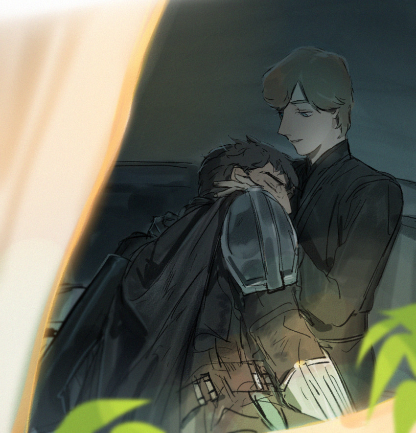 2boys armor belt black_cape blonde_hair cape closed_eyes din_djarin holding jedi luke_skywalker mandalorian multiple_boys nori_(tiffanytsaiyyy) plant sketch star_wars the_mandalorian yaoi