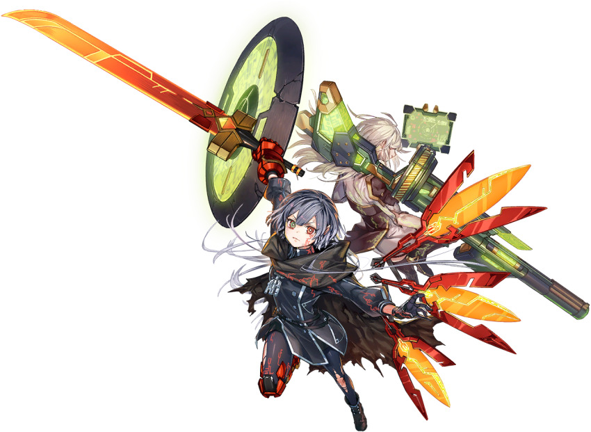 2girls anonymous_(yu-gi-oh!) armor blonde_hair crack dress duel_monster energy_gun facial_mark game_cg grey_hair heterochromia holding holding_sword holding_weapon injury long_hair military_uniform monitor multiple_girls official_art pantyhose perspective reinforcement_of_the_army scarf sky_striker_ace_-_hayate sky_striker_ace_-_kagari sky_striker_ace_-_raye sky_striker_ace_-_roze sword third-party_source two-tone_dress weapon yu-gi-oh! yu-gi-oh!_master_duel