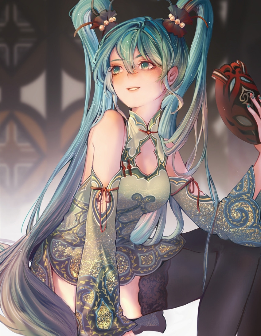 1girl aqua_eyes aqua_hair bare_shoulders black_thighhighs chinese_clothes detached_sleeves dress hair_ornament hatsune_miku highres long_hair smile stepcacc hatsune_miku_(suigyoku) thighhighs twintails very_long_hair vocaloid world&#039;s_end_dancehall_(vocaloid)