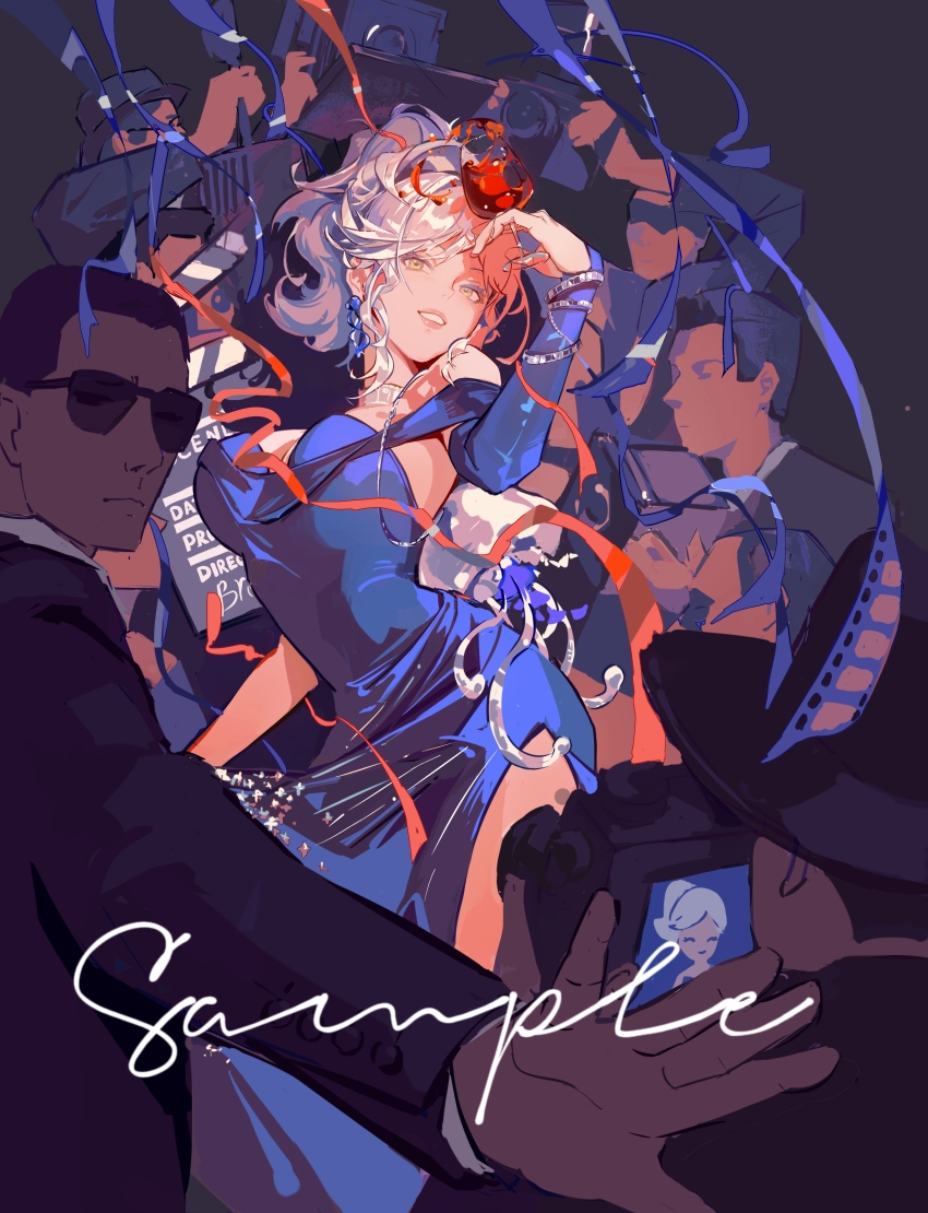 1girl 5boys absurdres alcohol bag bare_shoulders black_hair black_jacket black_suit blue_bridal_gauntlets blue_dress bodyguard bracelet breasts camera clapperboard cup dark_background dress drinking_glass eternity_(reverse:1999) film_strip formal_clothes grin hand_up highres holding holding_camera holding_cup jacket jellyfish_earrings jewelry large_breasts long_dress looking_at_viewer medium_hair multiple_boys o.f.t off-shoulder_dress off_shoulder outstretched_arm photographer ponytail red_wine reverse:1999 sample_watermark shoulder_bag side_slit single_bare_arm smile solo_focus streamers suit suit_jacket sunglasses surrounded watermark white_hair wine wine_glass