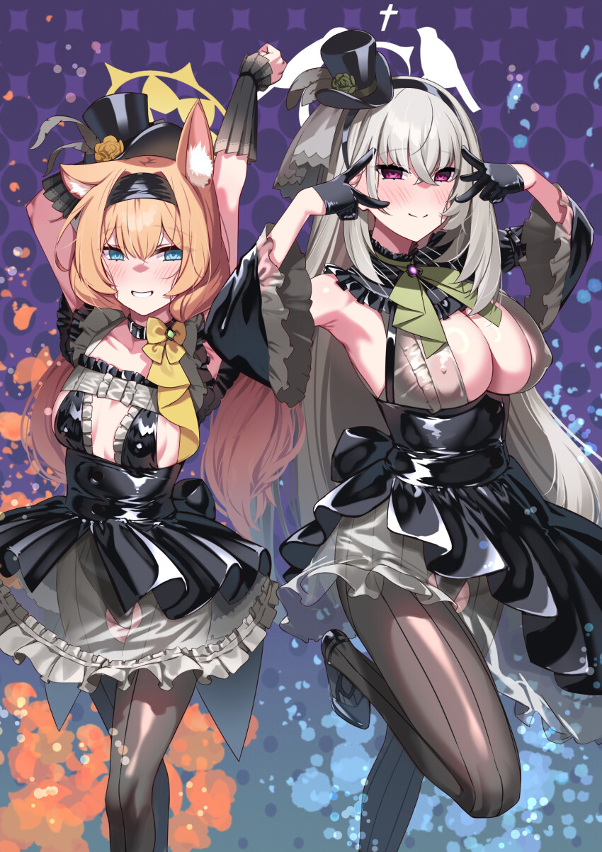2girls absurdres adapted_costume animal_ear_fluff animal_ear_headwear animal_ears ascot black_dress black_gloves black_hat black_headband black_overskirt black_pantyhose blue_archive blue_eyes breasts cat_ears detached_sleeves double_inward_v dress fake_animal_ears flower flower_hat gloves green_ascot green_flower green_rose grey_hair halo hat headband hiememiko highres idol idol_clothes large_breasts long_hair low_twintails mari_(blue_archive) mari_(idol)_(blue_archive) medium_breasts mini_hat mini_top_hat multiple_girls orange_hair pantyhose purple_eyes rose sakurako_(blue_archive) sakurako_(idol)_(blue_archive) sleeveless sleeveless_dress top_hat twintails v v_over_eye white_halo yellow_halo