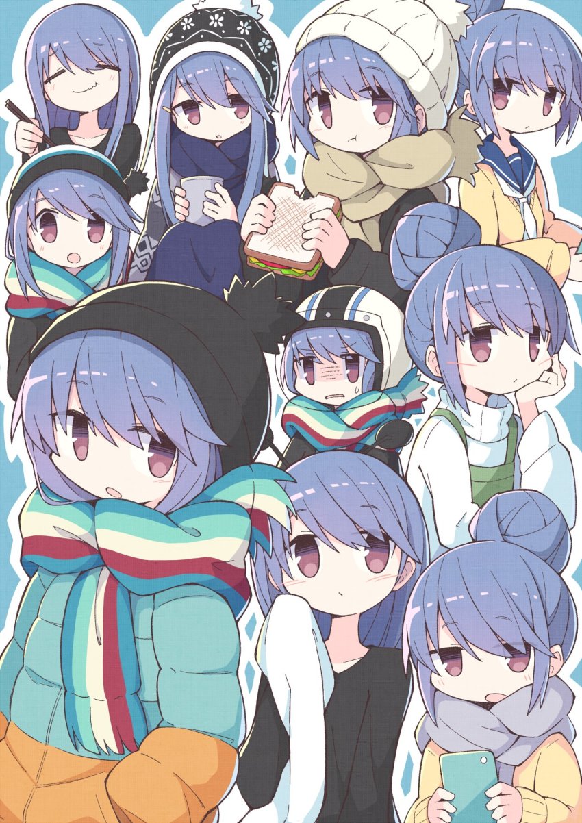 1girl asameshi beanie bite_mark black_headwear black_shirt blazer blue_background blue_scarf blush_stickers cellphone chopsticks closed_eyes coat commentary cup eating food green_coat grey_scarf hair_bun hair_down hat helmet highres holding holding_chopsticks holding_cup holding_food holding_phone holding_towel jacket long_hair long_sleeves looking_at_viewer multicolored_scarf multiple_views neckerchief open_mouth orange_coat parka phone pom_pom_(clothes) purple_eyes sailor_collar sandwich scarf shima_rin shirt simple_background single_hair_bun smartphone smile sweater towel turn_pale turtleneck turtleneck_sweater wavy_mouth white_headwear white_neckerchief white_sweater yurucamp