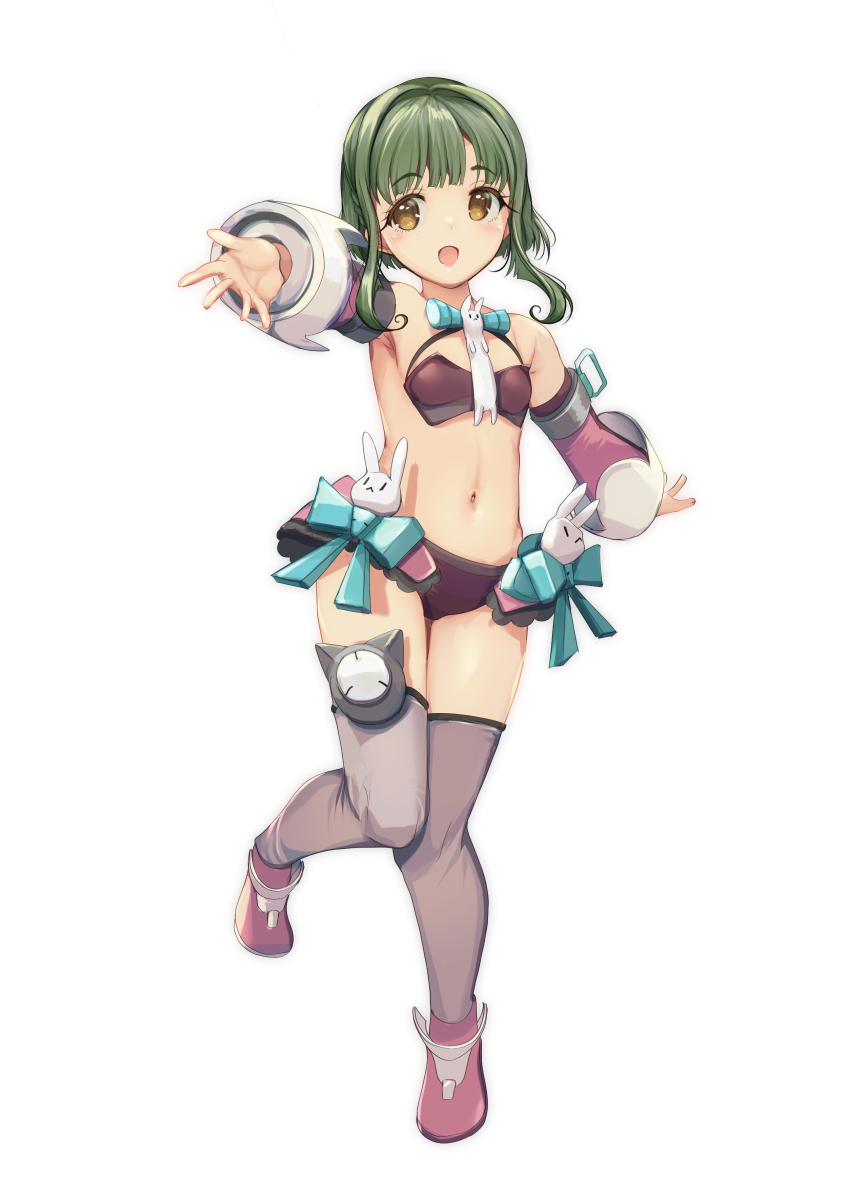 1girl absurdres adapted_costume bikini bob_cut breasts brown_eyes cleavage commentary_request full_body gloves green_hair grey_thighhighs hairband highres kantai_collection multiple_views purple_bikini purple_skirt short_hair short_hair_with_long_locks sidelocks simple_background skirt small_breasts swimsuit takanami_(kancolle) thighhighs white_background yashin_(yasinz)