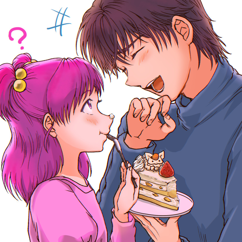 1boy 1girl amitukichi blue_shirt blush brown_hair cake cake_slice closed_eyes coco_(yes!_precure_5) eating food fork hair_bobbles hair_ornament highres holding holding_fork holding_plate kokoda_kouji long_sleeves medium_hair open_mouth pink_eyes pink_hair pink_shirt plate precure shirt short_hair smile two_side_up upper_body white_background yes!_precure_5 yumehara_nozomi