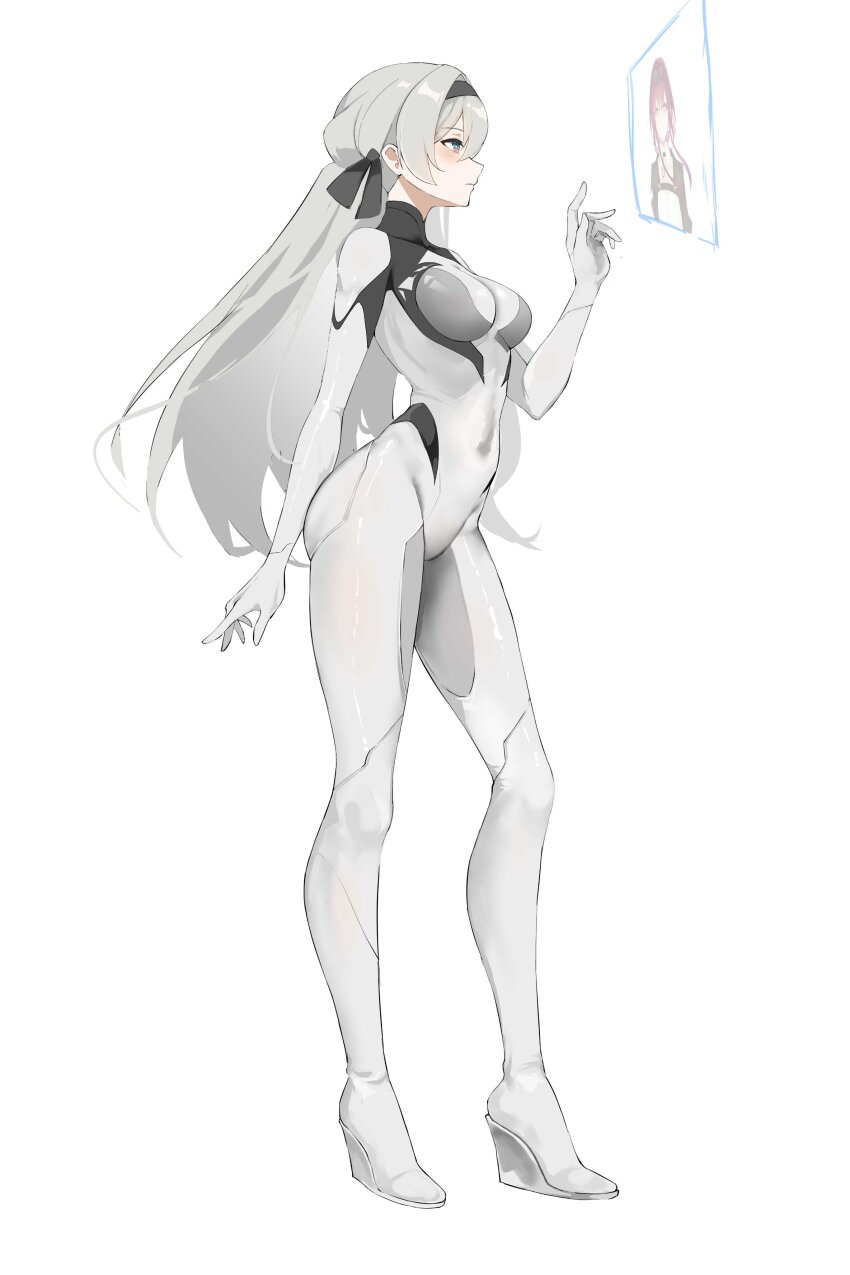 1girl absurdres black_hairband bodysuit commentary english_commentary firefly_(ar-26710)_(honkai:_star_rail) firefly_(honkai:_star_rail) grey_bodysuit grey_hair hairband highres honkai:_star_rail honkai_(series) kafka_(honkai:_star_rail) mecha_pilot_suit multicolored_eyes official_alternate_costume smurtz solo