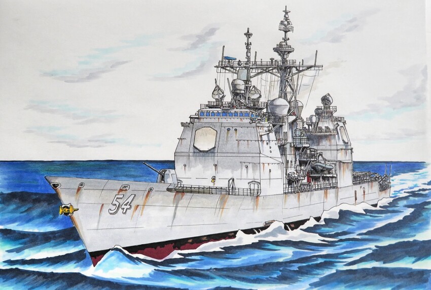 cloud cloudy_sky cruiser harpoon_missile highres military military_vehicle no_humans ocean original radar_dish rust sailing ship sky smile_(jdsmyoko) ticonderoga_class united_states_navy uss_antietam_(cg-54) wake_(wave) warship watercraft