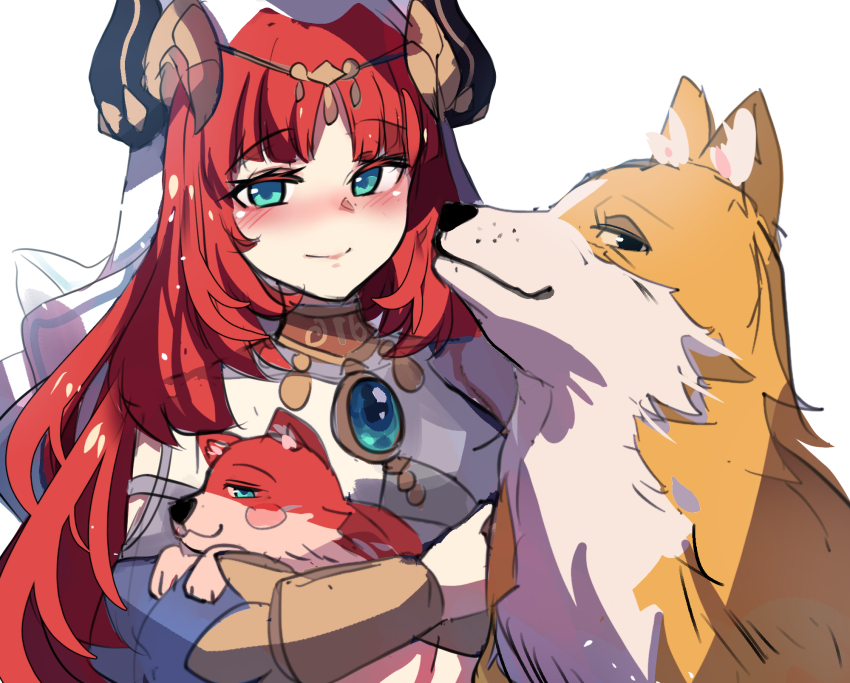 1girl animal aqua_eyes black_horns blue_brooch blush blush_stickers brooch closed_mouth commentary dog english_commentary fake_horns genshin_impact harem_outfit highres hinghoi holding holding_animal holding_dog horns implied_bestiality jewelry long_hair looking_at_viewer neck_ring nilou_(genshin_impact) orange_fur puppy red_fur red_hair simple_background smile solo upper_body veil white_background white_veil