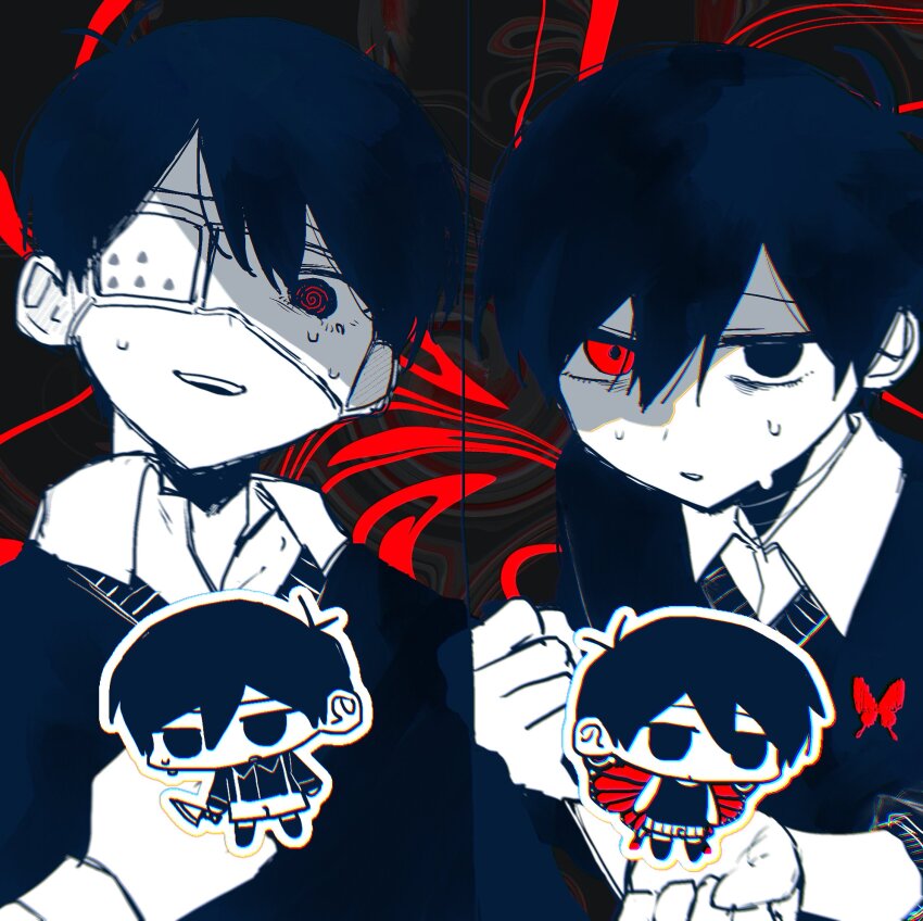 2boys @_@ alternate_sleeve_length black_eyes black_hair black_sweater_vest chibi dual_persona eyepatch heterochromia highres limited_palette long_sleeves male_focus multiple_boys omori omori_(omori) open_mouth parted_lips red_eyes rou_(h_s_sinrin) shirt short_hair spoilers sunny_(omori) sweat sweater_vest teeth upper_teeth_only white_shirt