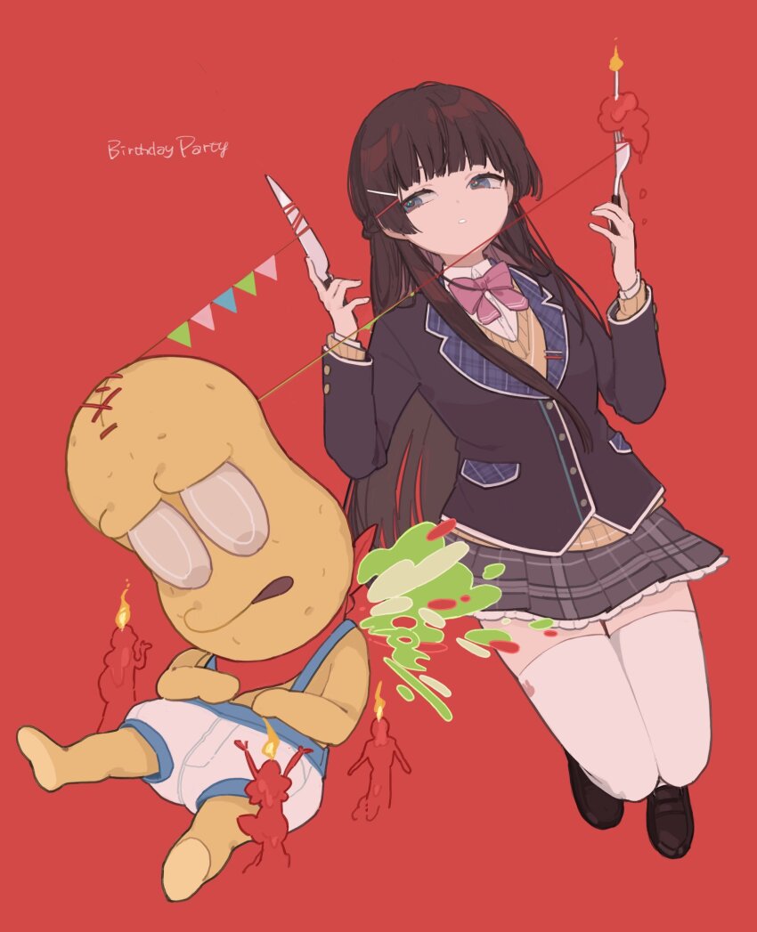 1girl bandana black_hair black_jacket bow bowtie braid brown_sweater candle character_doll english_text fork full_body grey_eyes grey_skirt half_up_braid hands_up highres holding holding_fork holding_knife jacket kmgm_co knife long_sleeves looking_at_object miniskirt mode_aim nijisanji peanuts-kun pennant pink_bow pink_bowtie plaid_clothes plaid_skirt pleated_skirt red_bandana school_uniform shirt shorts simple_background skirt solo string_of_flags suspender_shorts suspenders sweater thighhighs tsukino_mito tsukino_mito_(1st_costume) virtual_youtuber white_shirt white_thighhighs zettai_ryouiki