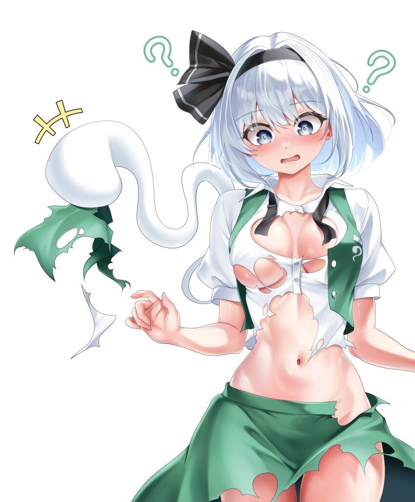 1girl ? absurdres breasts embarrassed green_skirt green_vest grey_eyes groin hair_between_eyes hairband highres konpaku_youmu leo23 looking_down medium_breasts medium_hair midriff navel no_bra no_panties pixiv shirt short_sleeves shout_lines simple_background skirt solo tareme torn_clothes touhou vest white_background white_hair white_shirt