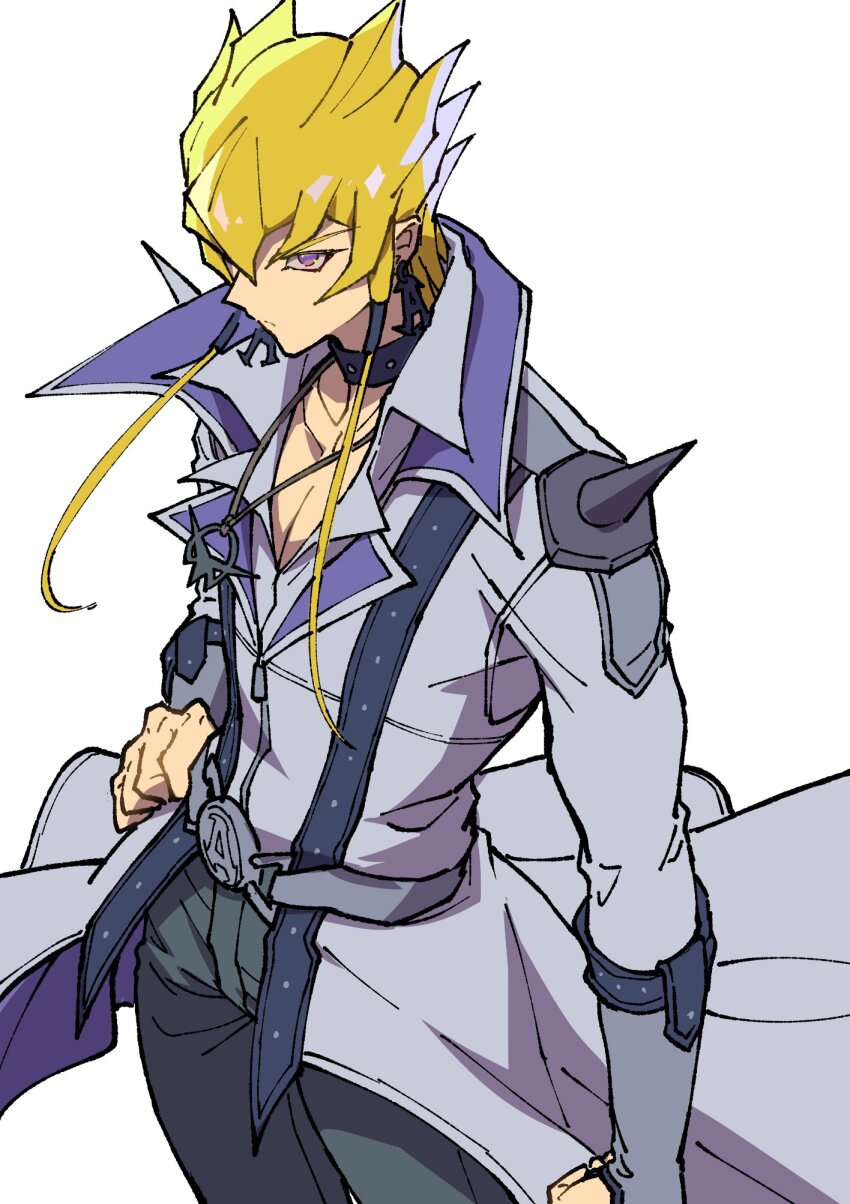 1boy blonde_hair coat cowboy_shot denim earrings highres jack_atlas jewelry male_focus pendant simple_background solo white_background white_coat youko-shima yu-gi-oh! yu-gi-oh!_5d&#039;s