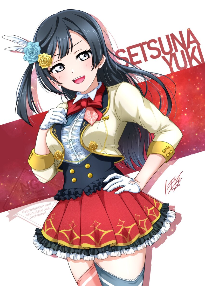1girl :d asymmetrical_legwear black_hair black_vest blue_thighhighs blush bow bowtie breasts buttons center_frills character_name collared_shirt commentary_request cowboy_shot cropped_jacket flower frilled_skirt frills gloves grey_eyes hair_flower hair_ornament half_gloves hand_on_own_hip highres idol_clothes jacket long_hair long_sleeves looking_at_viewer love_live! love_live!_nijigasaki_high_school_idol_club medium_breasts miniskirt mismatched_legwear noochan_chonoda one_side_up open_clothes open_jacket open_mouth pink_thighhighs pleated_skirt red_bow red_bowtie red_skirt shirt signature skirt smile solo standing thighhighs underbust vest watermark white_gloves white_shirt yellow_jacket yuki_setsuna yuki_setsuna_(afterschool_school_idol)