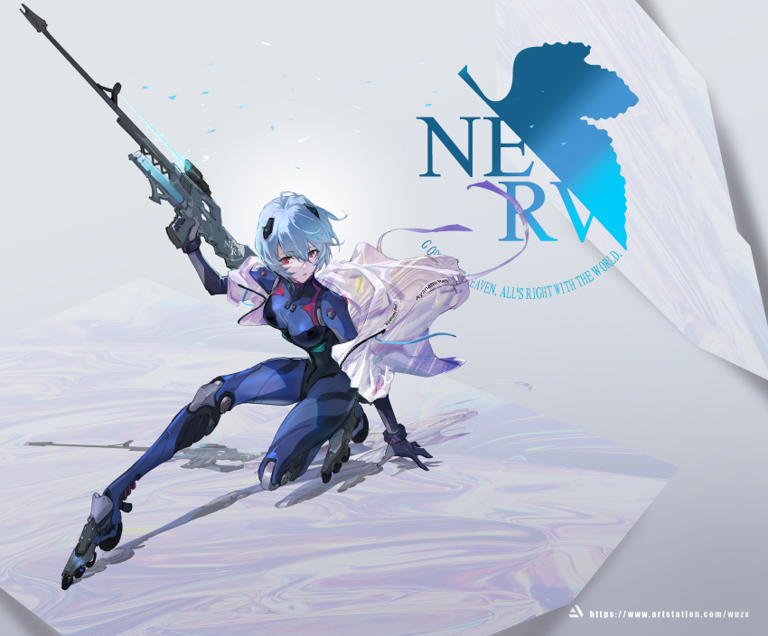 1girl absurdres art_study artist_name artstation_logo artstation_username ayanami_rei blue_bodysuit blue_hair bodysuit breasts closed_mouth english_text full_body gun hair_between_eyes hairpods highres holding holding_weapon inline_skates interface_headset_(evangelion) jacket jacket_on_shoulders joints logo looking_to_the_side mecha_pilot_suit medium_breasts multicolored_bodysuit neon_genesis_evangelion nerv open_clothes open_jacket plugsuit_(evangelion) red_eyes reflection rifle robot_joints roller_skates scope short_hair simple_background skates sniper_rifle solo squatting weapon white_jacket zhong-x_wu