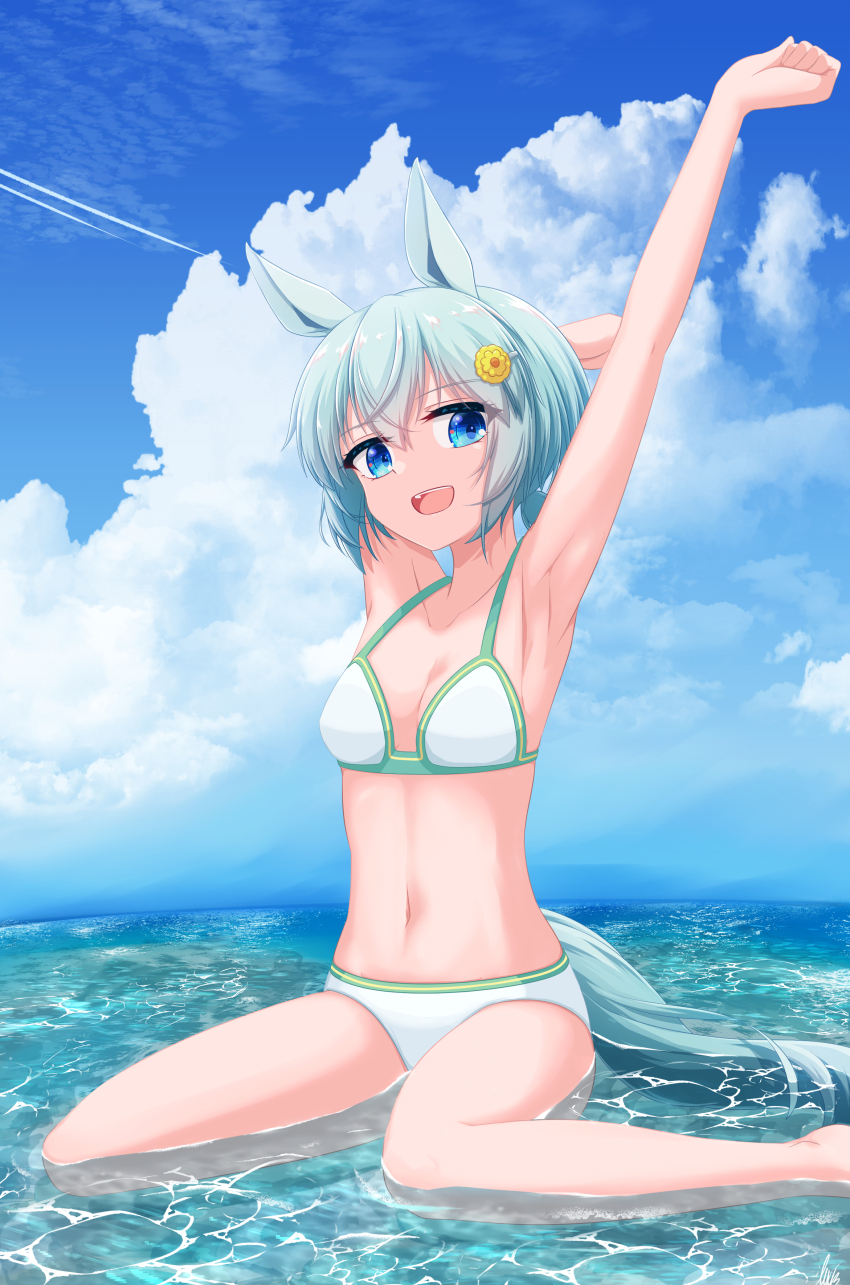 1girl absurdres alternate_costume armpits arms_up barefoot bikini blue_eyes blue_sky breasts cleavage cloud cloudy_sky collarbone commentary_request day ear_covers hair_between_eyes hair_ornament hairclip highres lexis_yayoi navel ocean on_ground open_mouth outdoors seiun_sky_(umamusume) short_hair single_ear_cover sitting sky small_breasts smile solo stomach swimsuit umamusume wariza water wet white_bikini
