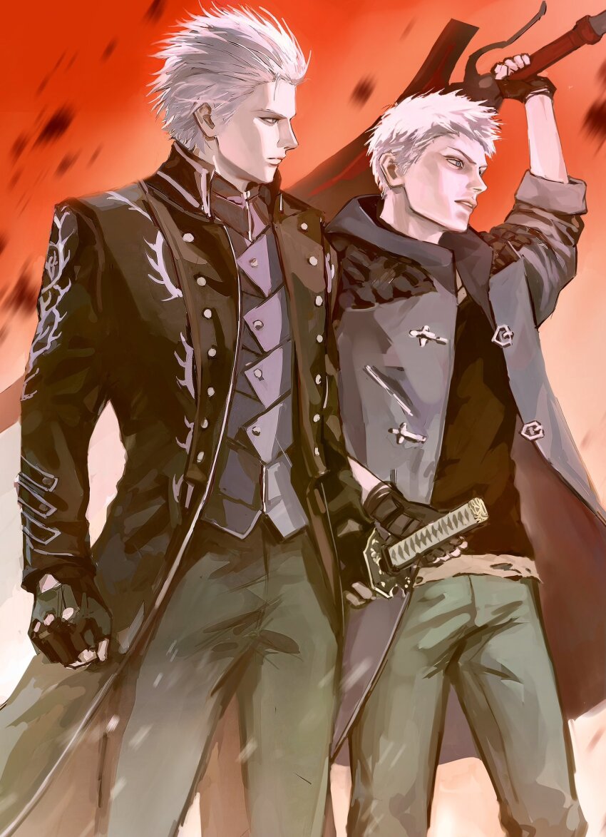 2boys arm_up black_coat black_gloves black_pants black_shirt blue_coat blue_eyes closed_mouth coat collared_coat commentary crew_neck debris devil_may_cry_(series) devil_may_cry_5 father_and_son feet_out_of_frame flat4444 glove_cutout gloves hair_slicked_back hand_on_weapon hashtag-only_commentary highres holding holding_sword holding_weapon katana left-handed looking_ahead male_focus multiple_boys nero_(devil_may_cry) pants parted_lips shirt short_hair side-by-side sleeve_cuffs sleeves_rolled_up standing sword two-sided_coat two-sided_fabric vergil_(devil_may_cry) vest weapon white_hair yamato_(sword)