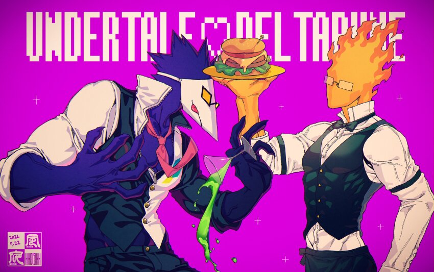 2boys absurdres acid bird black_pants burger crossover deltarune elemental_(creature) fire fire_elemental food glasses grillby highres mask multiple_boys necktie no_mouth pants pink_necktie swatch_(deltarune) tongue tongue_out undertale uniform waiter yokaze_(xxxdisxxx)