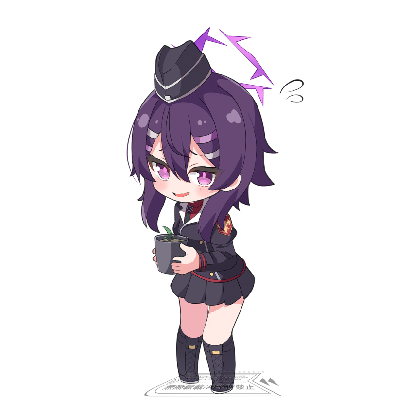1girl ame. black_boots black_hat black_jacket black_skirt blue_archive blush boots chibi flower_pot flying_sweatdrops garrison_cap hair_between_eyes hair_ornament hairclip halo haruka_(blue_archive) hat highres holding jacket knee_boots lace-up_boots looking_at_viewer mini_hat nervous_smile pleated_skirt purple_eyes purple_hair red_shirt shirt skirt smile solo watermark