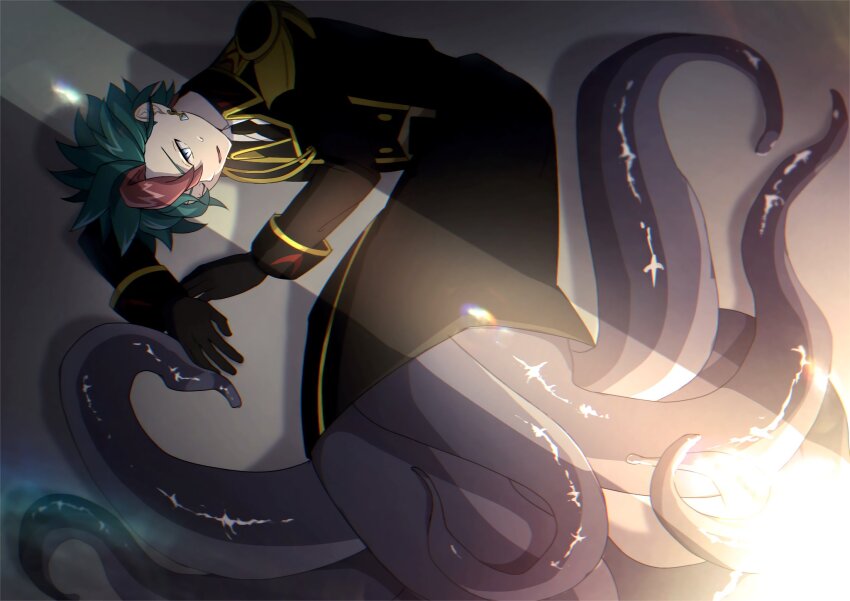 1boy arm_behind_head atltax_00 black_gloves black_jacket black_necktie blue_eyes colored_bangs dappled_sunlight dress_shirt drop_shadow colored_bangs facing_to_the_side fusion gloves green_hair hand_on_own_tentacles hands_on_ground head_on_arm highres holding_tentacle indoors jacket light_particles looking_to_the_side lying male_focus military_uniform monsterification multicolored_hair necktie octopus_boy on_ground on_side open_mouth ryugu_phaser shirt sleeves_rolled_up slime_(substance) streaked_hair sunlight sweatdrop tentacles tentacles_on_male tentacles_under_clothes transformation water white_shirt yellow_trim yu-gi-oh! yu-gi-oh!_go_rush!!