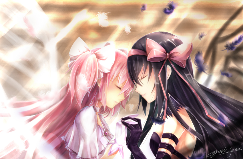 10s 2015 2girls akemi_homura akuma_homura black_gloves black_hair bow closed_eyes feathers gloves hair_bow highres holding_hands kaname_madoka light_rays mahou_shoujo_madoka_magica mahou_shoujo_madoka_magica:_hangyaku_no_monogatari multiple_girls pink_hair profile signature ultimate_madoka upper_body yuitsuki1206
