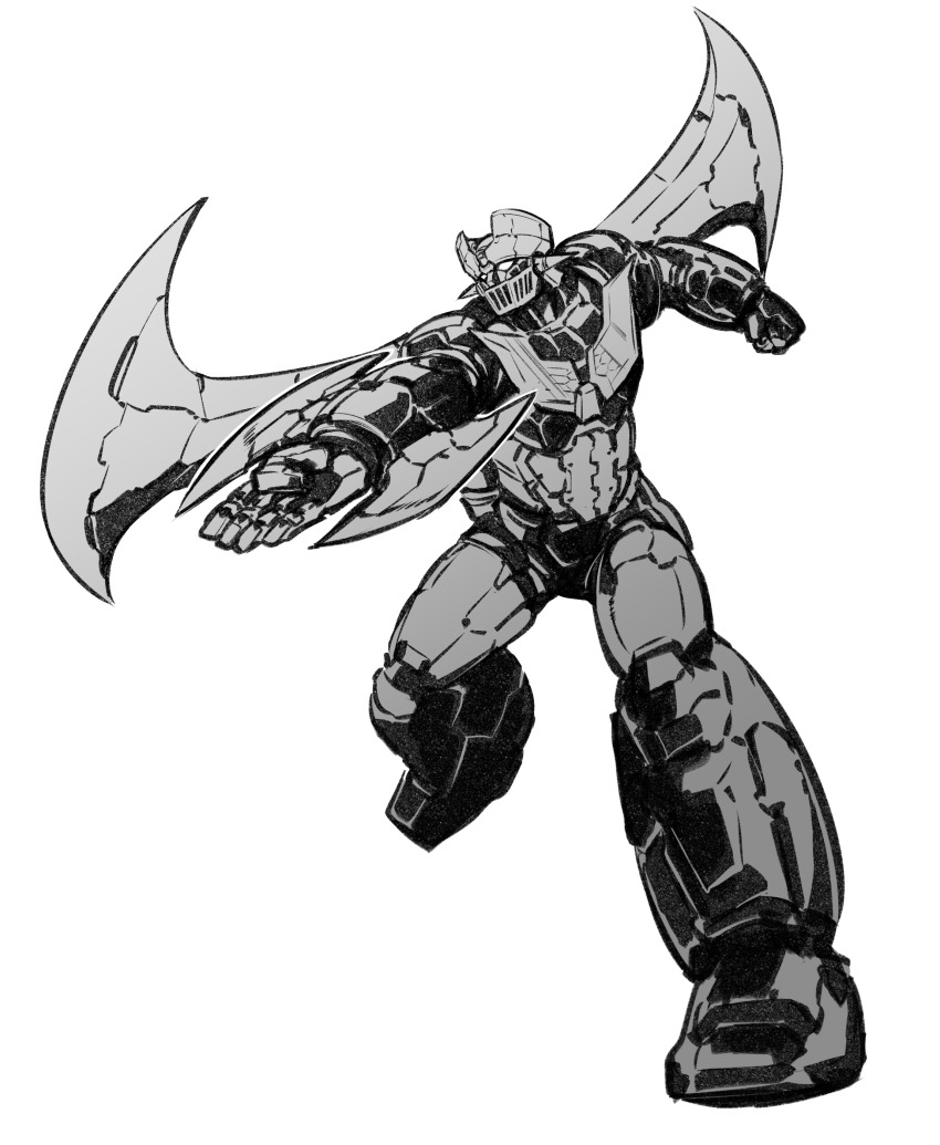 absurdres clenched_hand greyscale highres kato_takuji looking_to_the_side mazinger_(series) mazinger_z mazinger_z:_infinity mazinger_z_(mecha) mecha mechanical_wings monochrome no_humans open_hand robot running solo super_robot white_background wings