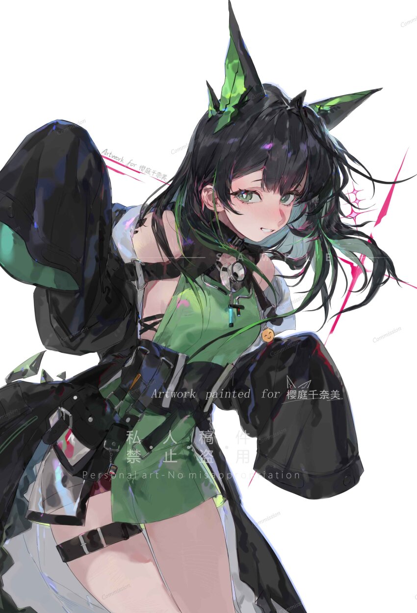 1girl absurdres ahoge arknights bare_shoulders belt black_hair black_jacket breasts bright_pupils colored_inner_hair commentary commission commissioner_name cowboy_shot dress energy_tail green_dress green_eyes green_hair green_streaks hands_up highres huge_ahoge jacket jacket_partially_removed long_hair long_sleeves looking_at_viewer material_growth medium_breasts mon3tr_(arknights) monster_energy multicolored_hair off_shoulder open_mouth oripathy_lesion_(arknights) qingfeng_canying sideboob sidelocks simple_background sleeves_past_fingers sleeves_past_wrists smile solo stethoscope_around_neck streaked_hair tail thigh_belt thigh_strap white_background white_pupils