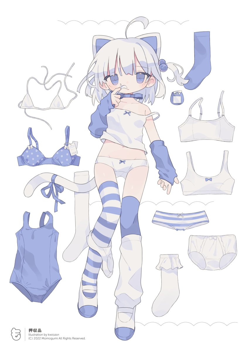 1girl absurdres ahoge animal_ears artist_name asymmetrical_legwear bare_shoulders bikini blue_bra blue_eyes blue_one-piece_swimsuit blue_ribbon blue_sleeves blue_thighhighs bra camisole cat_ears cat_girl cat_tail choker collarbone copyright_notice daizu_(melon-lemon) dated detached_sleeves dress-up full_body hair_bobbles hair_ornament highres holding holding_own_hair layered_legwear looking_at_viewer medium_hair mismatched_legwear multiple_panties name_tag one-piece_swimsuit one_side_up original panties panties_around_leg parted_lips polka_dot polka_dot_bra price_tag ribbon ribbon_choker school_swimsuit shoes simple_background sleeves_past_wrists socks solo striped_clothes striped_panties striped_thighhighs swimsuit tail thighhighs underwear unworn_bikini unworn_bra unworn_panties unworn_socks unworn_swimsuit uwabaki white_background white_bikini white_camisole white_hair white_panties white_shoes white_socks