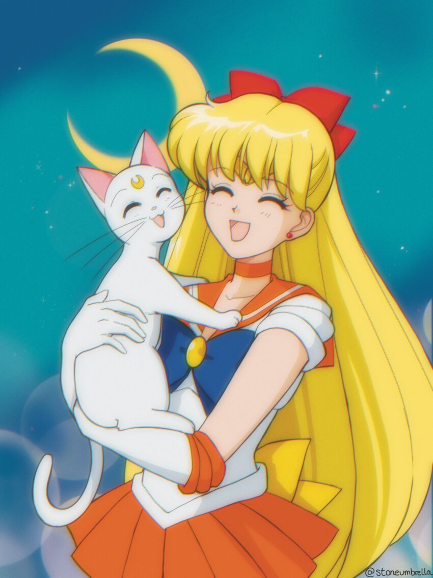 1girl aino_minako animal_ears artemis_(sailor_moon) bishoujo_senshi_sailor_moon bow cat cat_ears cat_tail closed_eyes earrings gloves highres jewelry long_hair miniskirt moon night night_sky red_bow sailor_venus short_sleeves skirt sky smile stone_umbrella tail very_long_hair white_cat