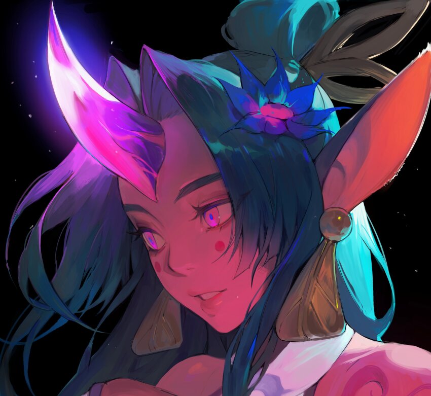 1girl absurdres black_background blue_hair curtained_hair earrings flower glowing_horns hair_bun hair_flower hair_ornament highres horns jewelry league_of_legends long_hair looking_to_the_side pearl_earrings pink_eyes pink_shirt pointy_ears polka_dot potatohell revision shirt simple_background single_horn soraka_(league_of_legends) spirit_blossom_soraka
