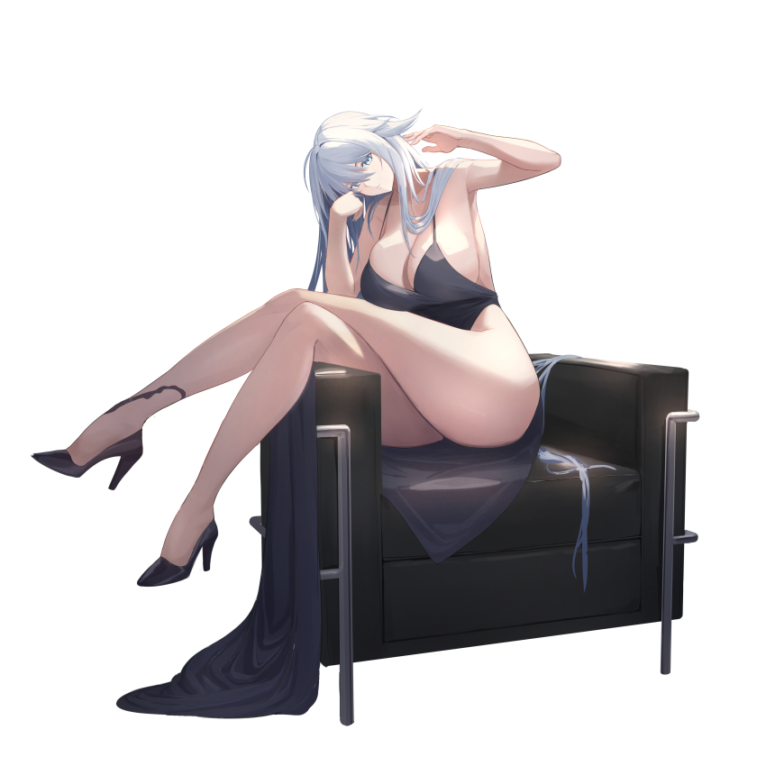 1girl absurdres azur_lane breasts chair cleavage dress full_body highres large_breasts lom_(lom_lom_8) long_hair official_alternate_costume simple_background solo sovetsky_soyuz_(azur_lane) sovetsky_soyuz_(skyfall_agent)_(azur_lane) thighs white_background white_hair