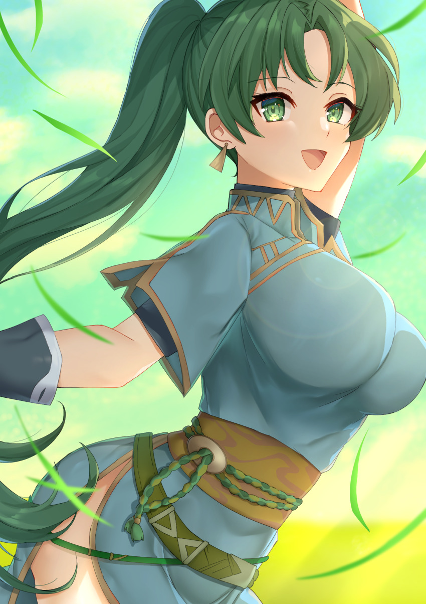 1girl blade_of_grass blue_dress breasts dress earrings edamameoka fire_emblem fire_emblem:_the_blazing_blade gloves green_eyes green_hair high_ponytail highres jewelry large_breasts long_hair lyn_(fire_emblem) nintendo open_mouth ponytail rope_belt side_slit