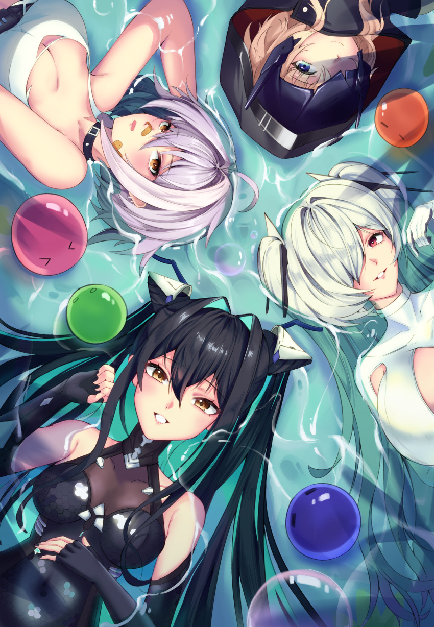 4girls absurdres accessories ahoge aqua_hair armpit_cutout bandaid bandaid_on_face bandaid_on_nose bare_shoulders black_bodysuit black_cloak black_hair blonde_hair blue_eyes blush bodysuit breasts broken_mask bubble choker chu.n cinderella_(nikke) cleavage cloak closed_mouth clothing_cutout colored_inner_hair folded_hair gloves goddess_of_victory:_nikke grave_(nikke) grey_hair hair_between_eyes hair_intakes hair_over_one_eye halterneck hexagon_print highres honeycomb_(pattern) honeycomb_print hood hood_up hooded_cloak large_breasts little_mermaid_(nikke) long_hair looking_at_viewer mask mori_(nikke) multicolored_hair multiple_girls old_tales_(nikke) one_eye_covered red_eyes see-through_bodysuit see-through_cleavage see-through_clothes shiny_eyes short_hair sidelocks smile twintails very_long_hair white_bodysuit white_hair yellow_eyes