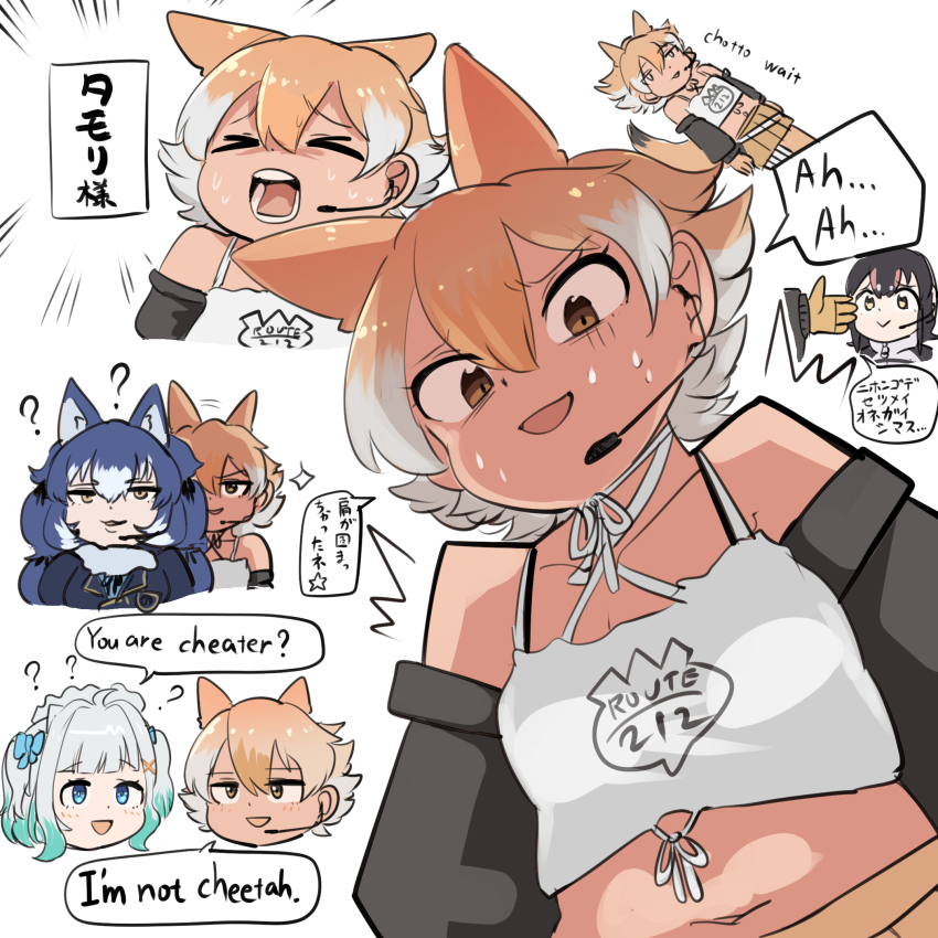 4girls animal_ears belt black_hair blonde_hair blue_eyes blue_hair camisole coyote_(kemono_friends) dire_wolf_(kemono_friends) extra_ears gloves green_hair highres hood hoodie humboldt_penguin_(kemono_friends) indie_virtual_youtuber jacket kemono_friends kemono_friends_v_project long_hair mcgunngu microphone mint_fantome multicolored_hair multiple_girls navel penguin_girl ribbon short_hair simple_background skirt streaked_hair sweat thighhighs virtual_youtuber white_hair wolf_ears wolf_girl yellow_eyes