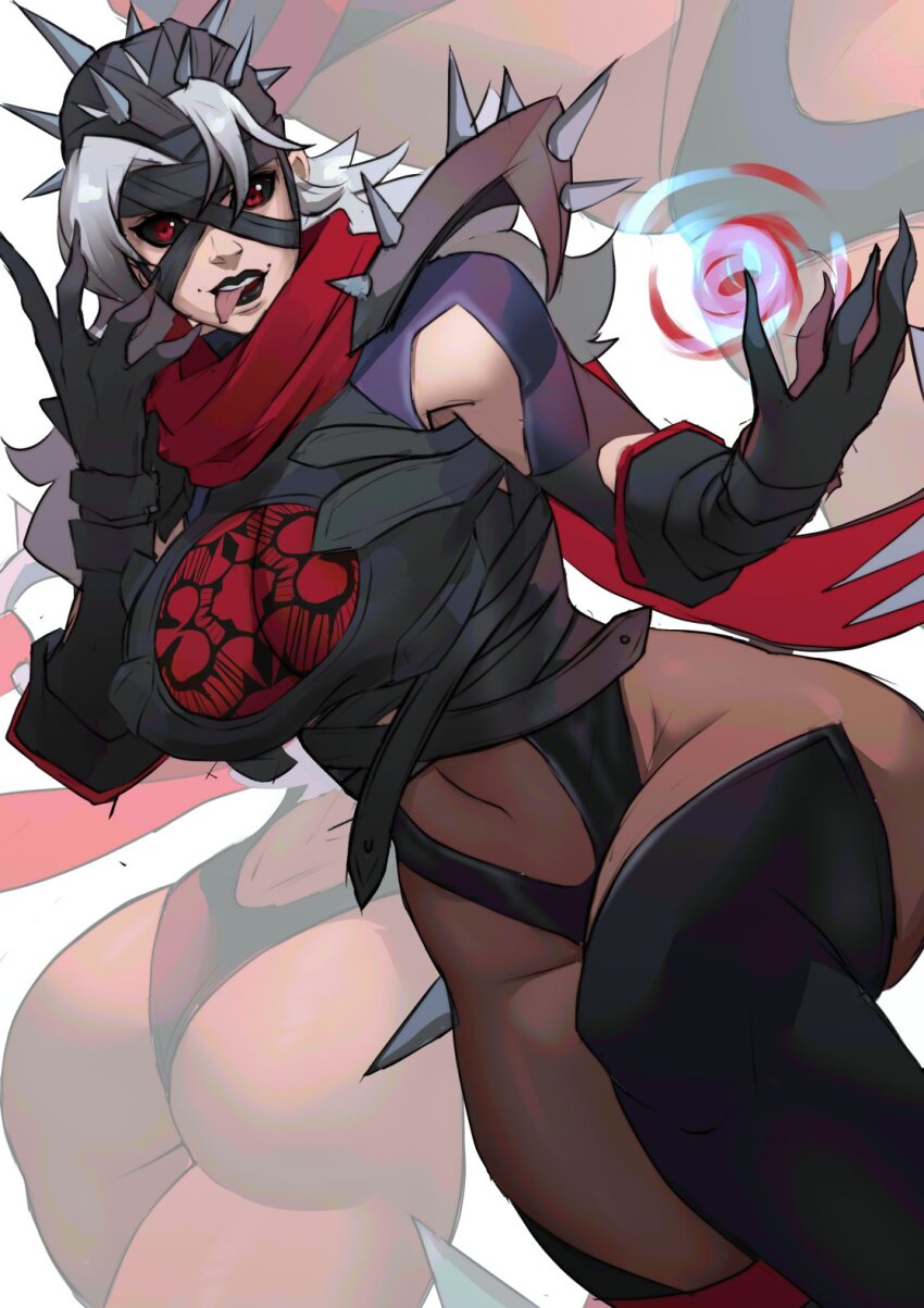 1girl armor ass bandaged_head bandages black_leotard black_sclera breasts colored_sclera fantastic_four funi_xd gloves grey_hair highres leotard looking_at_viewer malice_(sue_storm) marvel marvel_rivals red_eyes red_scarf scarf shoulder_spikes solo spiked_armor spiked_helmet spikes sue_storm thong_leotard two-tone_bodysuit