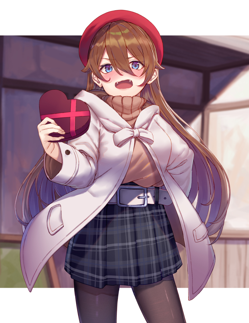 1girl absurdres arl belt black_pantyhose black_skirt blush box brown_hair brown_sweater commentary copyright_request fangs female_focus hair_between_eyes highres holding holding_box huge_filesize jacket long_hair looking_at_viewer pantyhose purple_eyes red_headwear skirt solo sweater valentine white_belt white_jacket