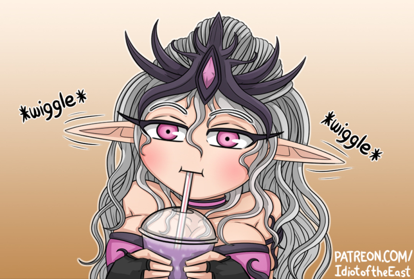 1girl bare_shoulders breasts cleavage commentary cup disposable_cup drinking drinking_straw ear_wiggle fingerless_gloves gloves grey_hair grimace_shake_(meme) holding holding_cup idiot_of_the_east large_breasts meme pink_eyes pointy_ears slaanesh solo upper_body warhammer_40k watermark web_address