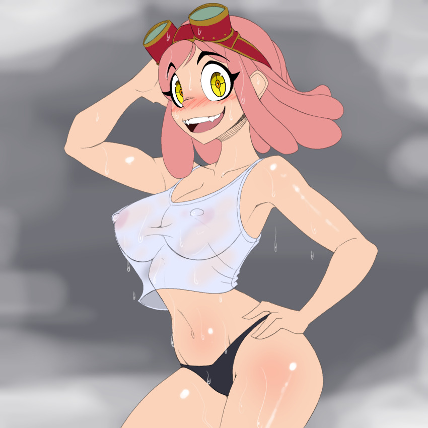 1girl artist_name bare_shoulders black_panties blush boku_no_hero_academia collarbone cowboy_shot goggles goggles_on_head grey_background hand_on_own_hip hatsume_mei highres lilmissjay looking_at_viewer medium_hair navel nipples open_mouth panties pink_hair see-through_clothes simple_background sleeveless smile solo standing steam sweat tank_top teeth underwear unusual_pupils upper_teeth_only wet wet_clothes white_tank_top yellow_eyes