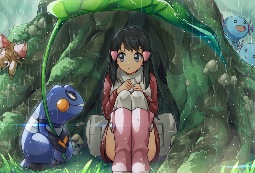 1girl absurdres bag black_hair boots coat commentary_request croagunk dawn_(pokemon) duffel_bag eyelashes gen_1_pokemon gen_2_pokemon gen_4_pokemon grass grey_eyes hair_ornament hairclip highres leaf long_hair long_sleeves looking_to_the_side moss mushroom nintendo over-kneehighs paras pink_boots pokemon pokemon_(creature) pokemon_dppt pokemon_platinum rain red_coat scarf shuro sitting thighhighs wooper