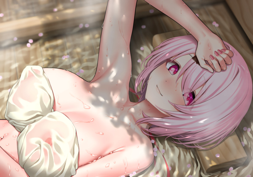 1girl arm_up breasts commentary_request day gishu highres large_breasts looking_at_viewer lying nijisanji nipples on_back paid_reward_available petals pink_eyes pink_hair see-through_clothes shiina_yuika smile solo upper_body virtual_youtuber wet wet_clothes