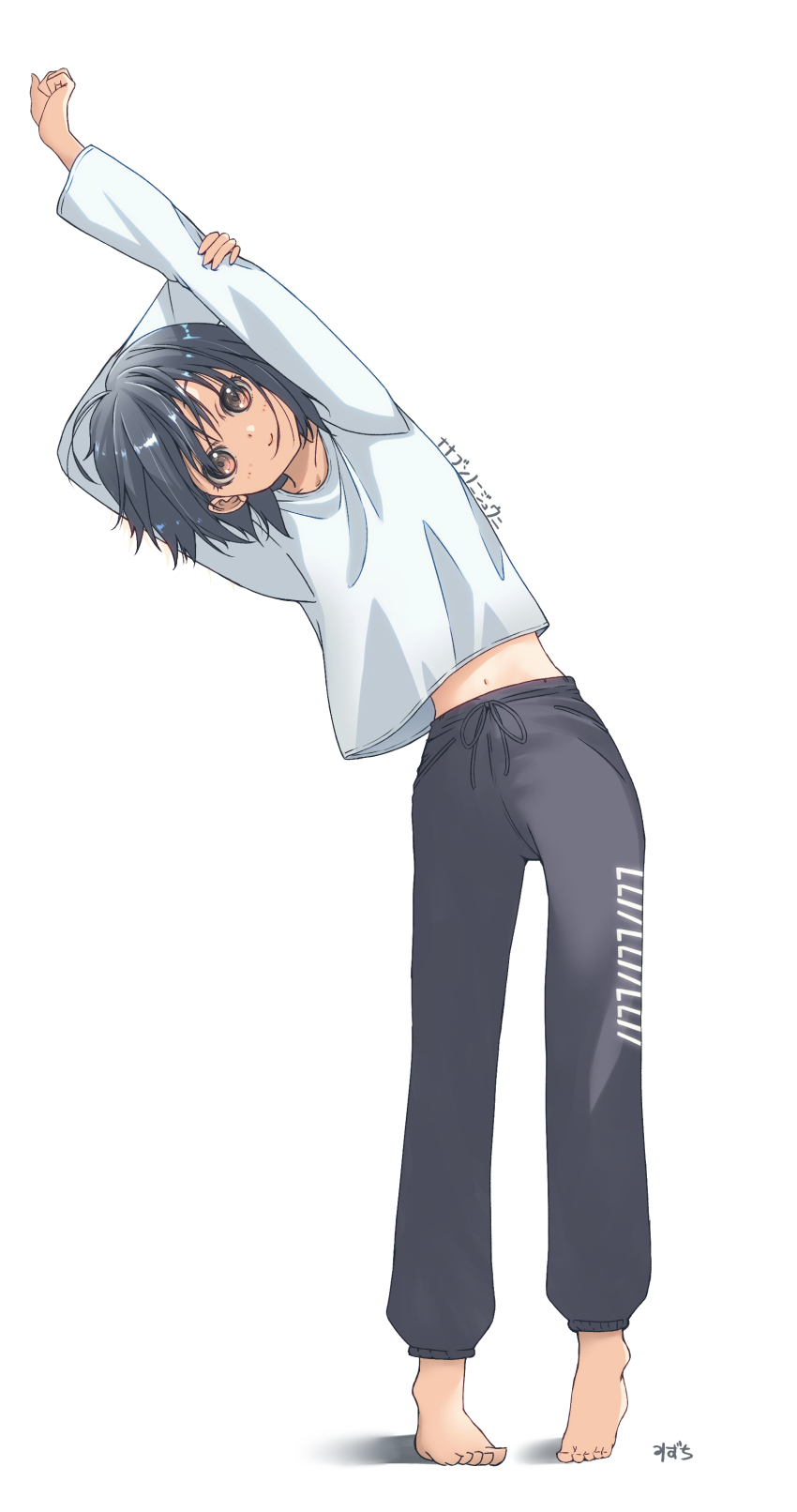 1girl 22/7 absurdres arms_up artist_name barefoot black_hair black_pants brown_eyes closed_mouth full_body highres long_sleeves looking_at_viewer mid227 navel pants shirt short_hair simple_background smile solo stretching takigawa_miu white_background white_shirt