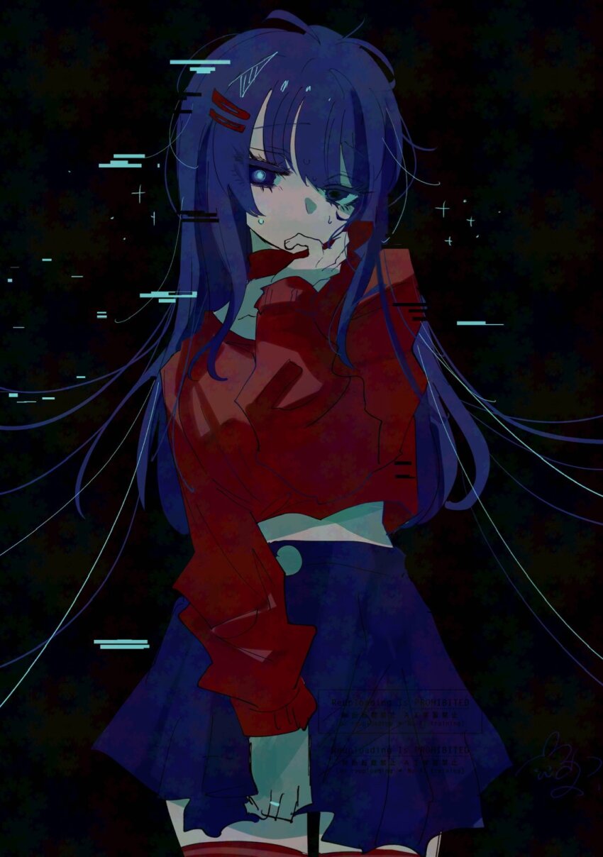 1girl blue_hair blue_skirt choker commentary glitch hair_ornament hairpin highres jewelry kind_mita_(miside) long_sleeves midriff_peek miside mita_(miside) pleated_skirt raised_eyebrow red_choker red_sweater red_thighhighs ring signature skirt solo sweatdrop sweater thighhighs usa_noaya