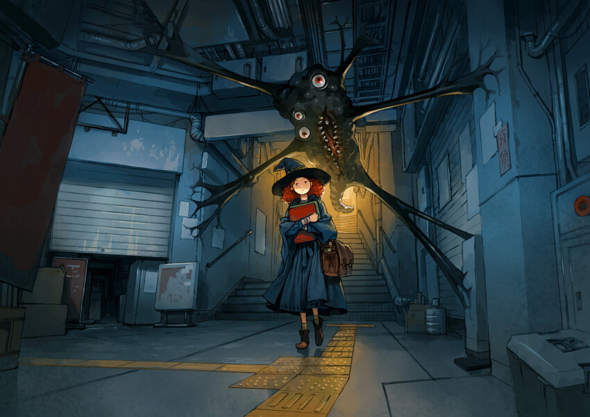 1girl air_duct bag black_skin blue_cloak blue_dress blue_hat book brown_footwear cloak closed_mouth clueless colored_skin commentary_request curly_hair dress eldritch_abomination extra_eyes hat highres holding holding_book horror_(theme) imminent_rape industrial industrial_pipe looking_at_viewer medium_hair messenger_bag monster open_door original red_eyes red_hair sharp_teeth shoulder_bag slime_(substance) socks solo stairs tail teeth tentacles walking witch_hat yoshida_seiji