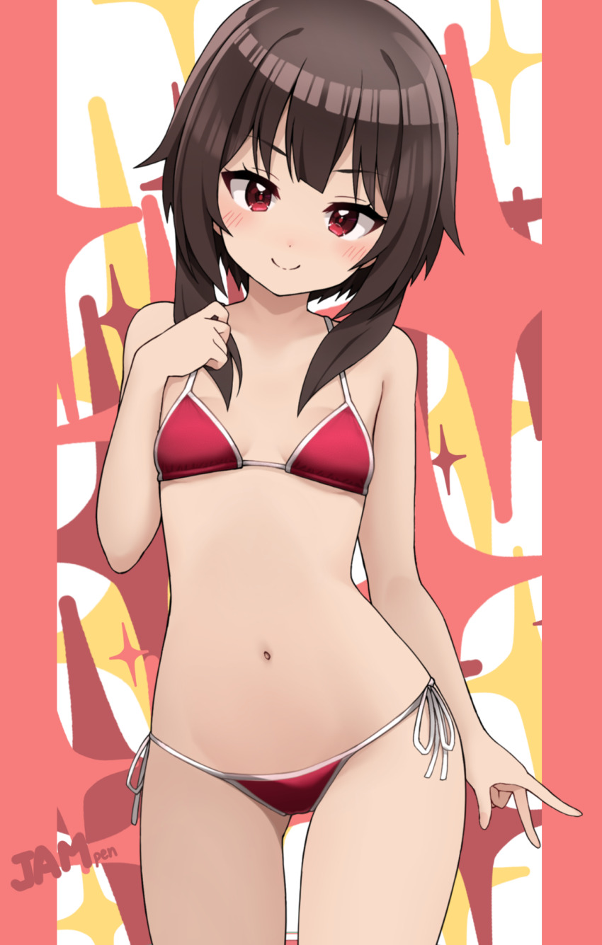 1girl bare_shoulders bikini blush breasts brown_hair head_tilt highres jampen kono_subarashii_sekai_ni_shukufuku_wo! looking_at_viewer medium_hair megumin navel red_eyes sidelocks small_breasts smile solo swimsuit thighs wide_hips