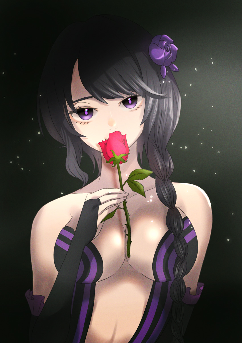 1girl absurdres bare_shoulders black_dress black_hair braid braided_ponytail breasts bridal_gauntlets center_opening cleavage collarbone detached_sleeves dress elsa_granhilte flower frilled_sleeves frills hair_flower hair_ornament highres holding holding_flower large_breasts long_hair looking_at_viewer purple_eyes purple_flower purple_rose re:zero_kara_hajimeru_isekai_seikatsu red_flower red_rose revealing_clothes rose solo