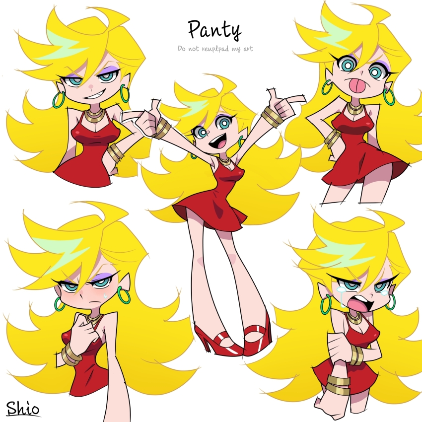 1girl :d ahoge artist_name bare_legs bare_shoulders blonde_hair blue_eyes blush bracelet breasts bright_pupils character_name cleavage closed_mouth cocktail_dress collarbone commentary_request dot_nose dress earrings eyeshadow finger_gun frown full_body gold_bracelet gold_necklace grin hand_on_own_hip high_heels highres holding_own_arm hoop_earrings jewelry long_hair looking_at_viewer makeup multiple_views necklace open_mouth panty_&amp;_stocking_with_garterbelt panty_(psg) pointy_hair purple_eyeshadow red_dress red_shoes shio_(zsp1jqohfr12495) shoes short_dress sleeveless sleeveless_dress small_sweatdrop smile smirk smug spaghetti_strap tears teeth tongue tongue_out upper_teeth_only v-shaped_eyebrows white_background white_pupils