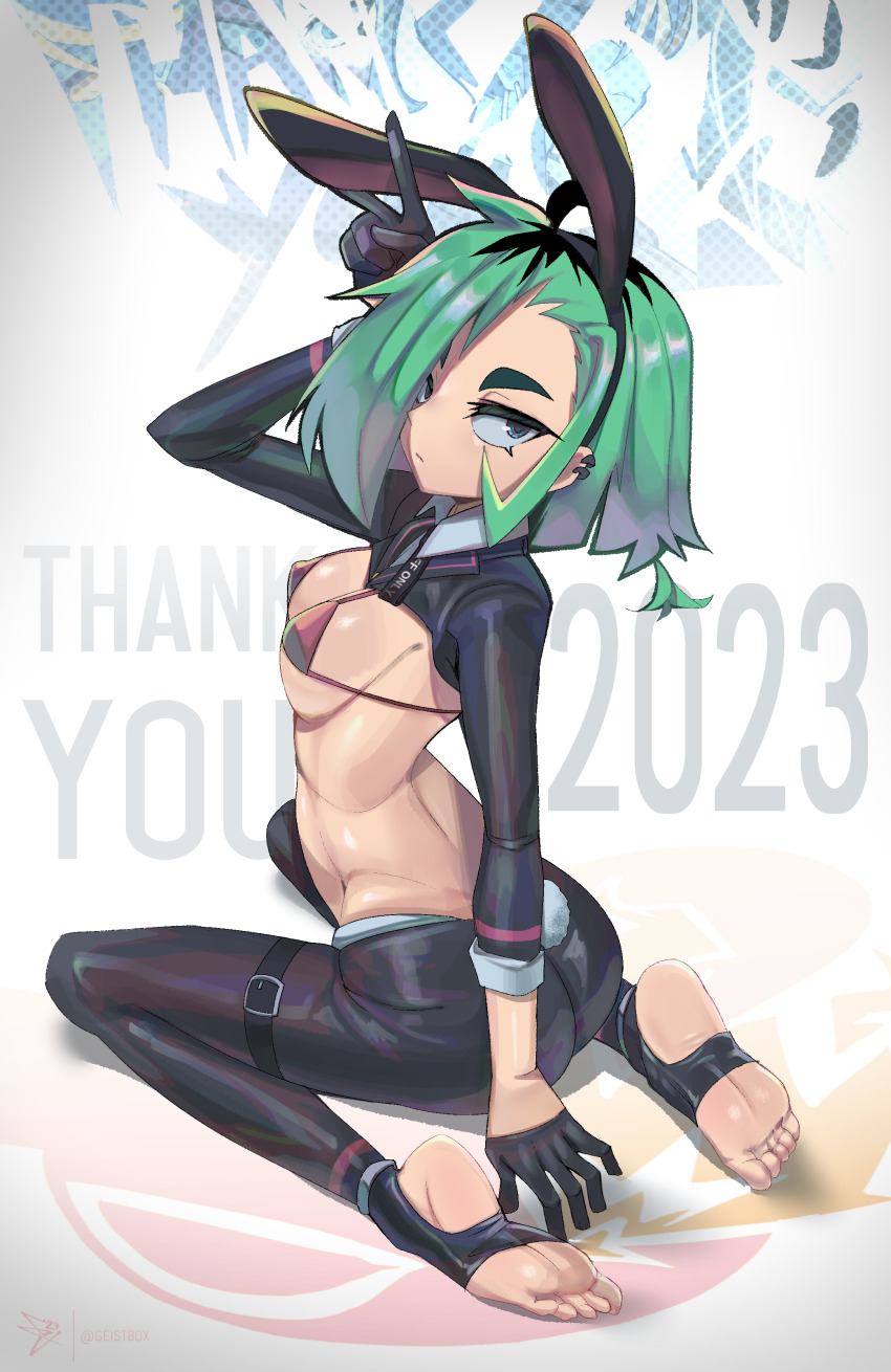 1girl 2023 absurdres ahoge animal_ears ass bikini bikini_top_only black_gloves black_hair black_pants blue_eyes breasts collared_shrug commentary detached_collar english_commentary expressionless fake_animal_ears fake_tail feet flat_ass full_body geistbox gloves green_hair half_gloves highres kneeling looking_at_viewer looking_back meme_attire micro_bikini multicolored_hair nontraditional_playboy_bunny original pants rabbit_ears rabbit_tail reverse_bunnysuit reverse_outfit short_hair shrug_(clothing) sideboob small_breasts soles solo stirrup_legwear swimsuit tail thank_you thick_eyebrows thigh_strap toeless_legwear toes twisted_torso two-tone_hair underboob v vio_(geistbox)