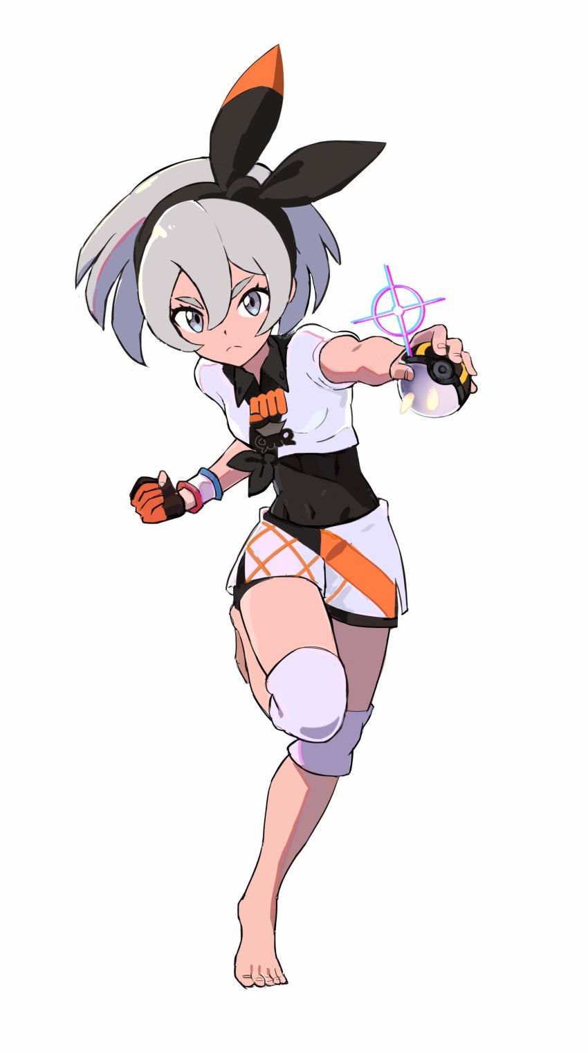 1girl absurdres barefoot bea_(pokemon) black_bodysuit black_hairband bodysuit bodysuit_under_clothes bow_hairband clenched_hand closed_mouth collared_shirt commentary_request dynamax_band frown full_body gloves grey_eyes grey_hair hair_between_eyes hairband highres holding holding_poke_ball knee_pads leg_up looking_at_viewer nintendo okken partially_fingerless_gloves poke_ball pokemon pokemon_swsh print_shirt print_shorts shirt short_hair short_sleeves shorts side_slit side_slit_shorts single_glove solo toes ultra_ball