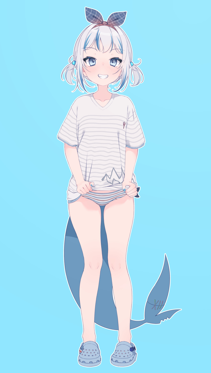 1girl absurdres bikini blue_background blue_bow blue_eyes blue_footwear blue_hair blue_nails bow bow_hairband clothes_lift crocs female_focus fingernails fins fish_tail full_body gawr_gura grey_hair grin hair_bobbles hair_bow hair_ornament hairband highres hololive hololive_english lifting_own_clothes light_blush looking_at_viewer lucasyecla99 multicolored_hair nail_polish official_alternate_hairstyle outline plaid_bow shark_girl shark_tail shirt shirt_lift short_sleeves sidelocks simple_background smile solo standing straight-on streaked_hair striped_bikini striped_clothes swimsuit tail two_side_up underwear v-neck virtual_youtuber white_shirt