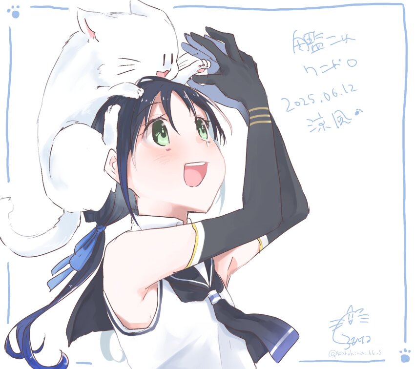 animal animal_on_head black_gloves black_hair black_neckerchief black_sailor_collar blue_hair cat cat_on_head character_name copyright_name dated elbow_gloves gloves gradient_hair green_eyes highres kantai_collection kurohina_(kurohina_66_s) low_twintails multicolored_hair neckerchief on_head one-hour_drawing_challenge open_mouth sailor_collar sailor_shirt school_uniform serafuku shirt smile suzukaze_(kancolle) teeth twintails upper_body upper_teeth_only white_shirt